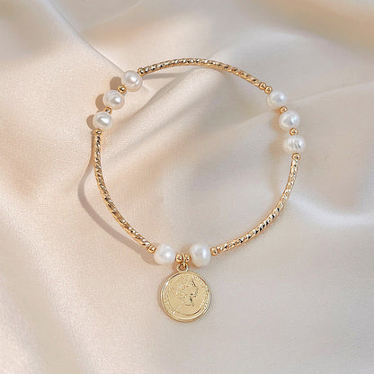 14K Gold plated queen's head coin natural freshwater pearl charm bracelets Set of 5