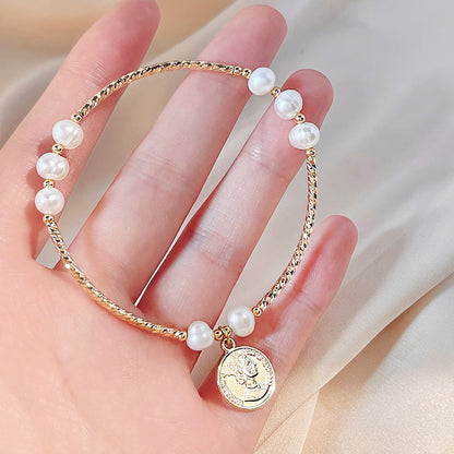 14K Gold plated queen's head coin natural freshwater pearl charm bracelets Set of 5