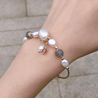 14k gold plated freshwater pearl with grey moonstone bracelets Set of 5