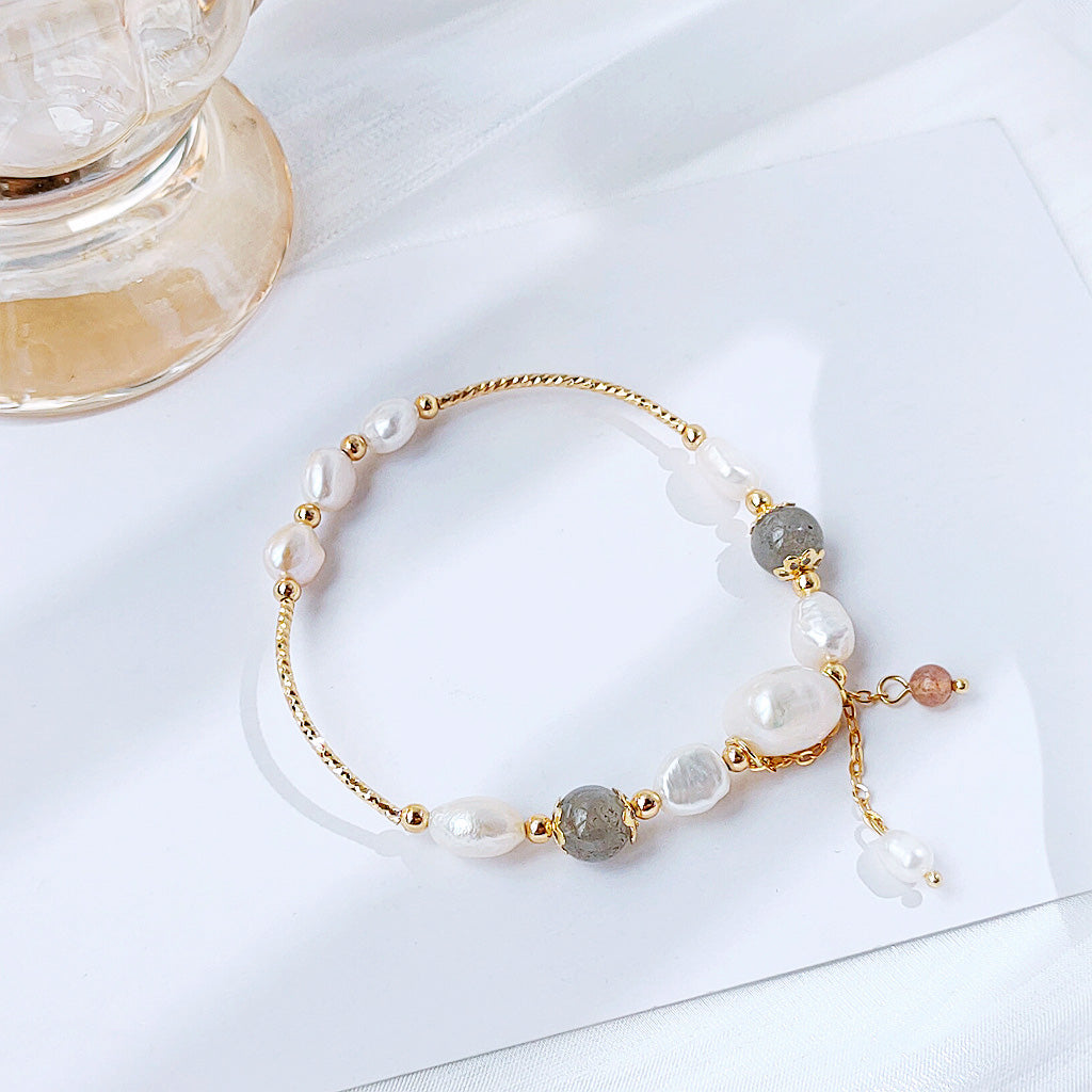 14k gold plated freshwater pearl with grey moonstone bracelets Set of 5