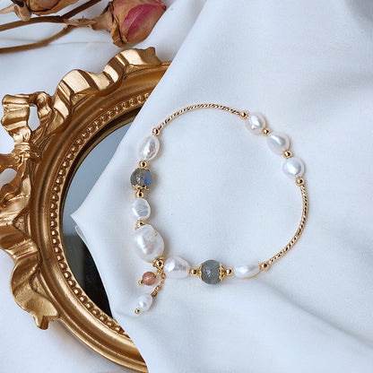 14k gold plated freshwater pearl with grey moonstone bracelets Set of 5