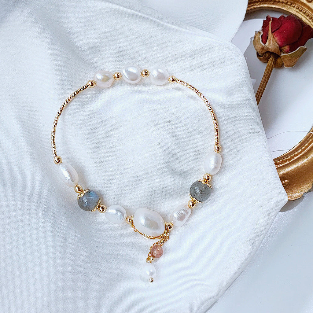 14k gold plated freshwater pearl with grey moonstone bracelets Set of 5