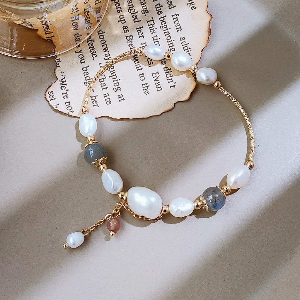 14k gold plated freshwater pearl with grey moonstone bracelets Set of 5