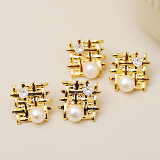 braided mesh pearls enamel color stud earrings (10 pairs)