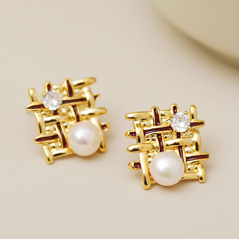 braided mesh pearls enamel color stud earrings (5 pairs)