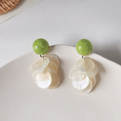 Green stone semi-ball and mother of pearl shell dangling drop earrings (5 pairs)