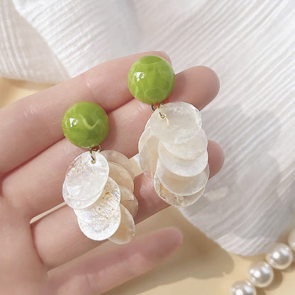 Green stone semi-ball and mother of pearl shell dangling drop earrings (5 pairs)