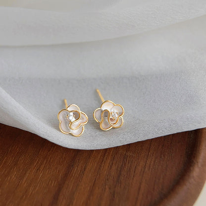 14k gold plated small white enamel flower with zircon stud earrings(5 pairs)