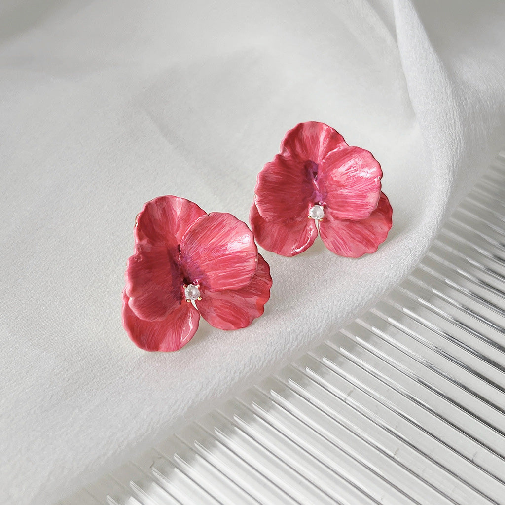 Enamel color 3D petal flower with zircon earrings (5 pairs)