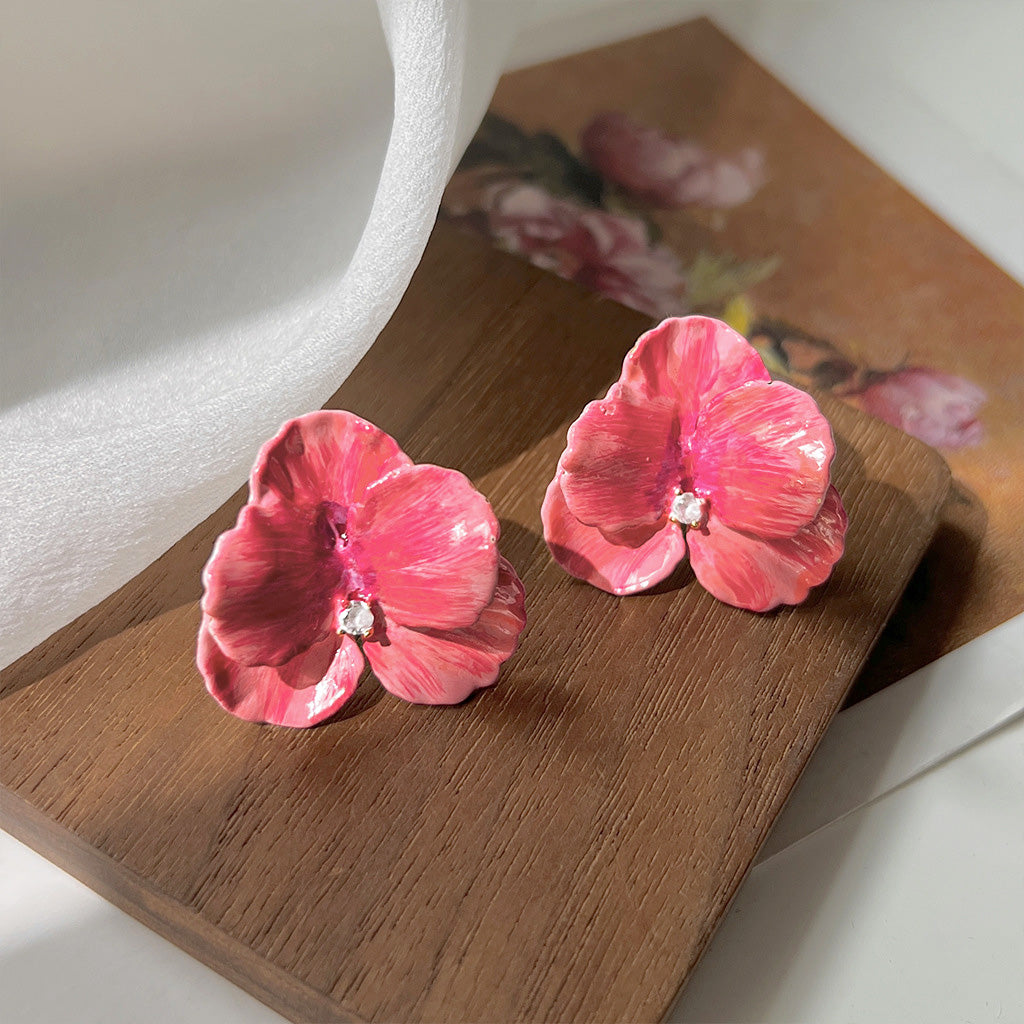 Enamel color 3D petal flower with zircon earrings (5 pairs)