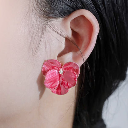 Enamel color 3D petal flower with zircon earrings (5 pairs)