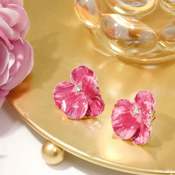 Enamel color 3D petal flower with zircon earrings (5 pairs)