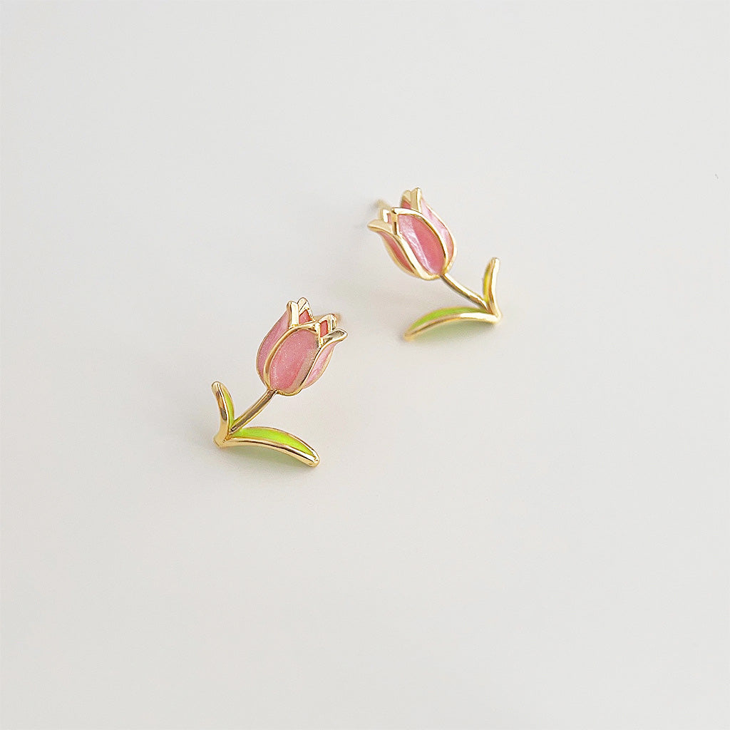 14k gold plated enamel tiny tulip flower stud earrings (5 pairs)