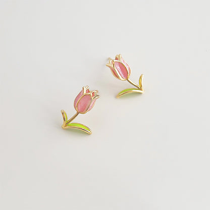 14k gold plated enamel tiny tulip flower stud earrings (5 pairs)