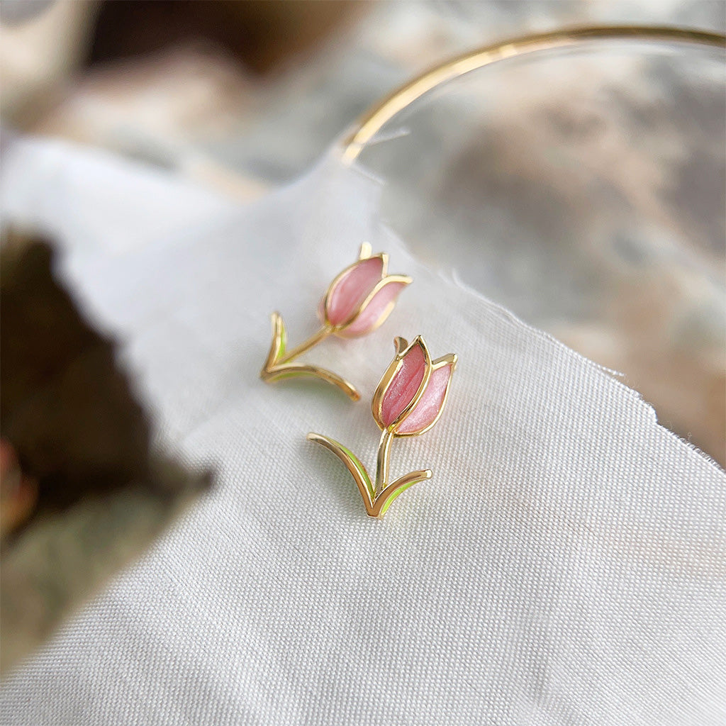 14k gold plated enamel tiny tulip flower stud earrings (5 pairs)