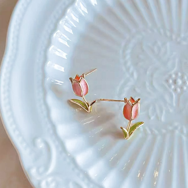 14k gold plated enamel tiny tulip flower stud earrings (5 pairs)