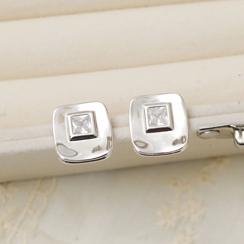 Silver plated square CZ quad cubic zirconia ear post stud earrings (5 pairs)