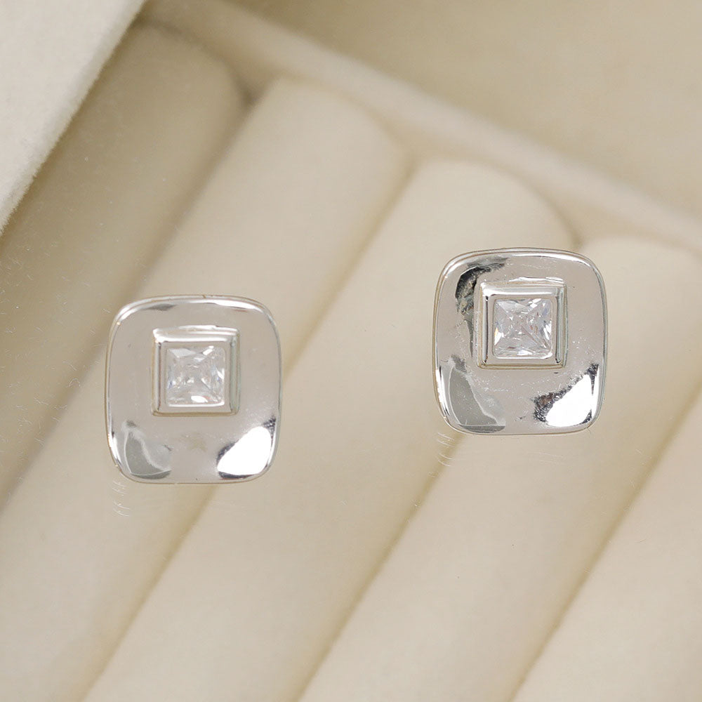 Silver plated square CZ quad cubic zirconia ear post stud earrings (5 pairs)