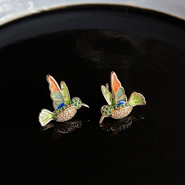 14k gold plated enamel bee bird with color zircon stud earrings (5 pairs)