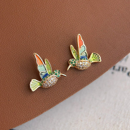 14k gold plated enamel bee bird with color zircon stud earrings (5 pairs)