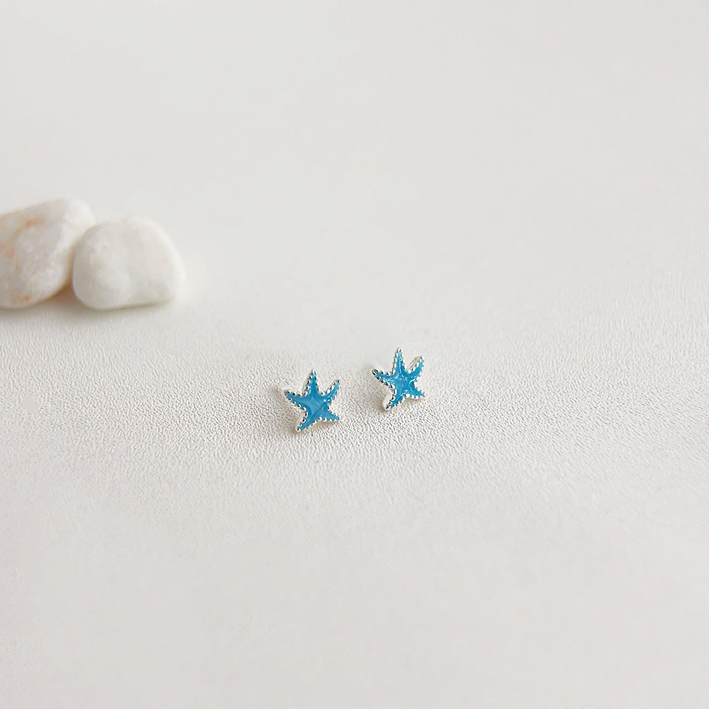 Silver plated tiny blue enamel starfish stud earrings (5 pairs)