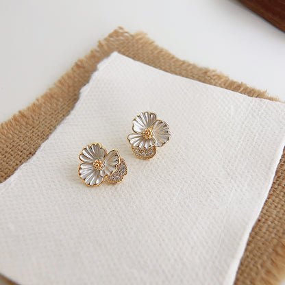 14k gold plated white enamel with zircon flower stud earrings (5 pairs)