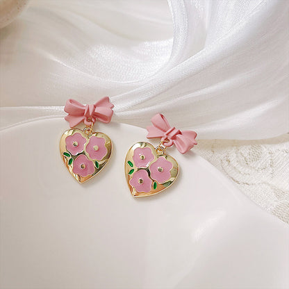 Pink bow heart with enamel flower gold heart pendant drop earrings  (5 pairs)