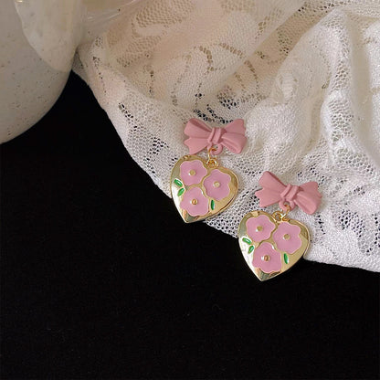 Pink bow heart with enamel flower gold heart pendant drop earrings  (5 pairs)