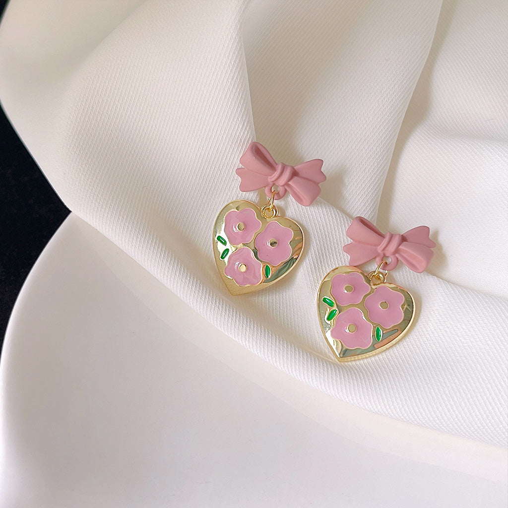 Pink bow heart with enamel flower gold heart pendant drop earrings  (5 pairs)