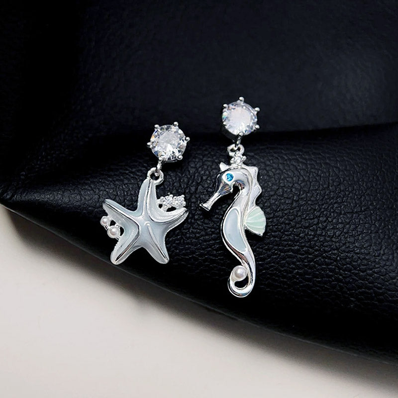 Light blue enamel starfish and seahorse asymmetrical drop earrings (5 pairs)