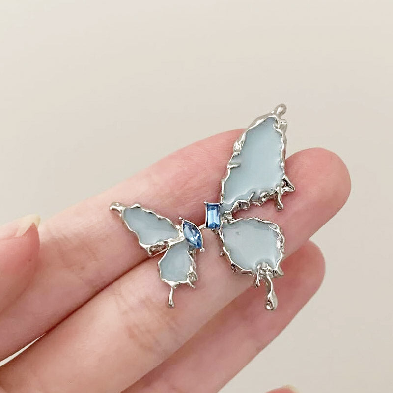 Silver plated blue enamel with zircon stone asymmetrical butterfly stud earrings (5 pairs)