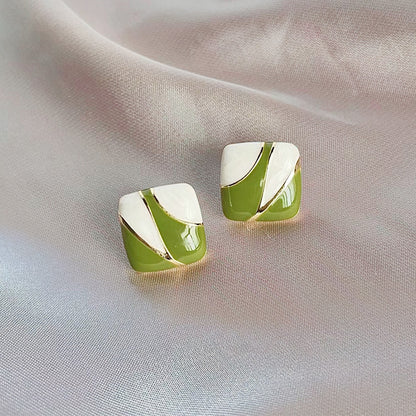 14k gold plated green white enamel square button stud earrings(5 pairs)