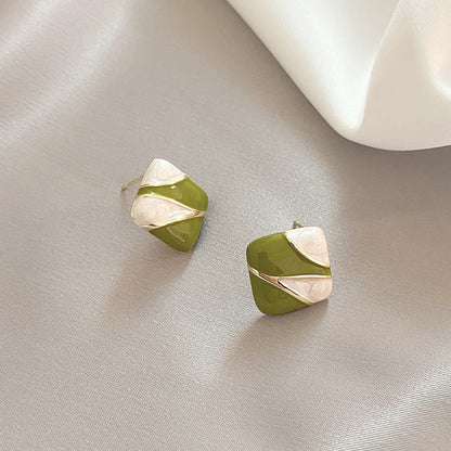 14k gold plated green white enamel square button stud earrings(5 pairs)