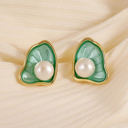 14k gold plated enamel color scallop pearl stud earrings (5 pairs)