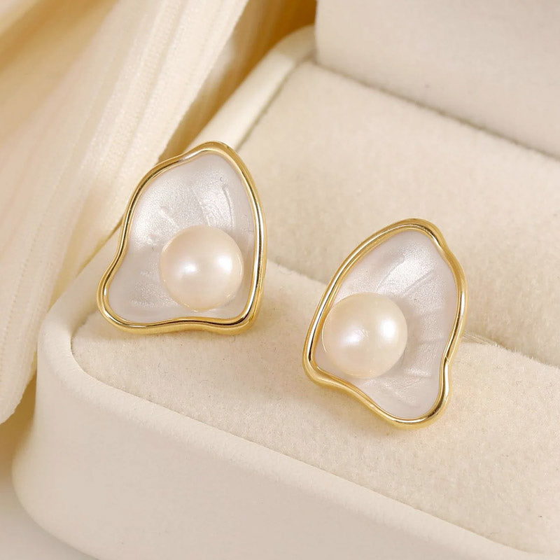 14k gold plated enamel color scallop pearl stud earrings (5 pairs)