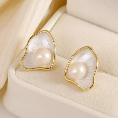 14k gold plated enamel color scallop pearl stud earrings (5 pairs)