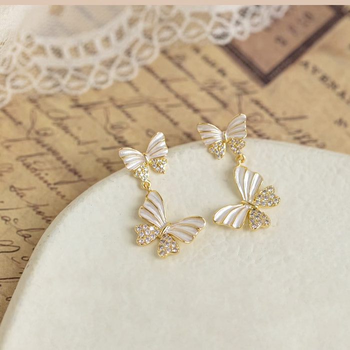 14k gold plated white enamel with zircon butterfly statement drop earrings (5 pairs)