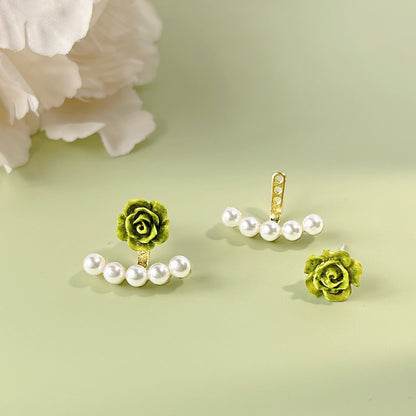 Two-wear 3D resin rose flower with pearl stud earrings (5 pairs)