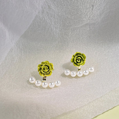 Two-wear 3D resin rose flower with pearl stud earrings (5 pairs)