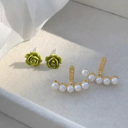 Two-wear 3D resin rose flower with pearl stud earrings (5 pairs)