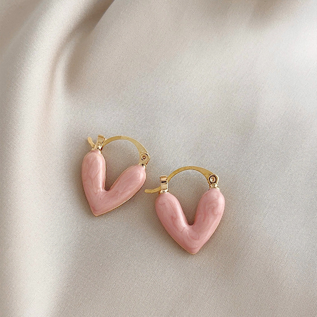 14k gold plated double-side pink enamel heart hoop earrings (5 pairs)