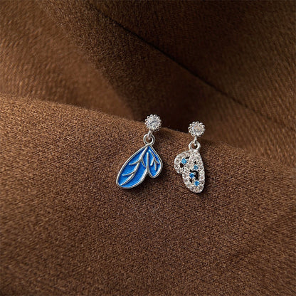 Silver plated blue enamel zircon asymmetrical butterfly drop earrings (5 pairs)