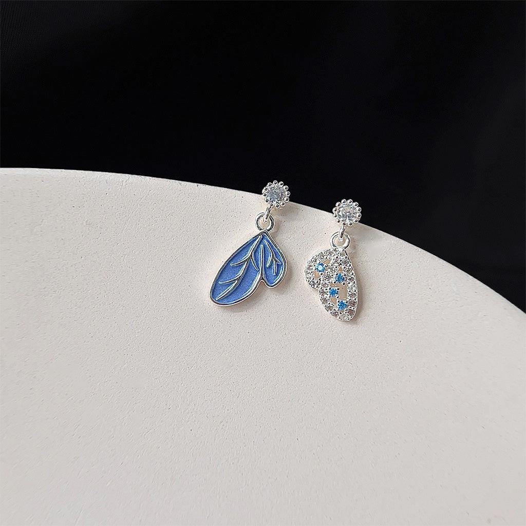 Silver plated blue enamel zircon asymmetrical butterfly drop earrings (5 pairs)