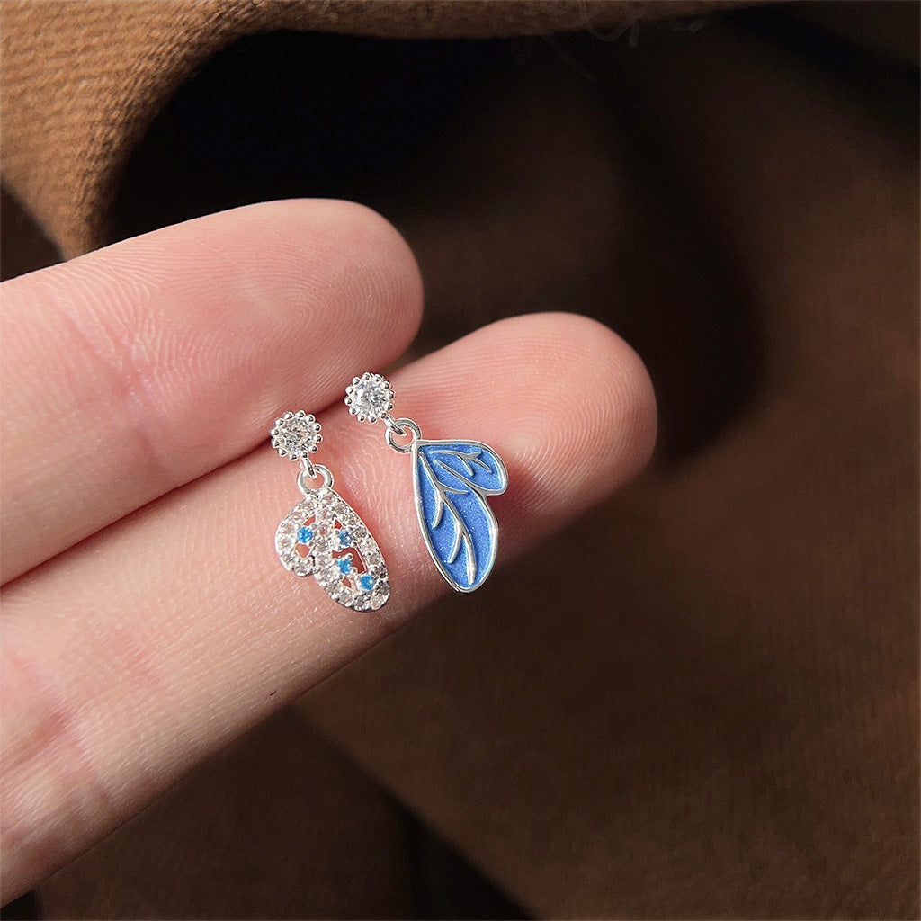 Silver plated blue enamel zircon asymmetrical butterfly drop earrings (5 pairs)