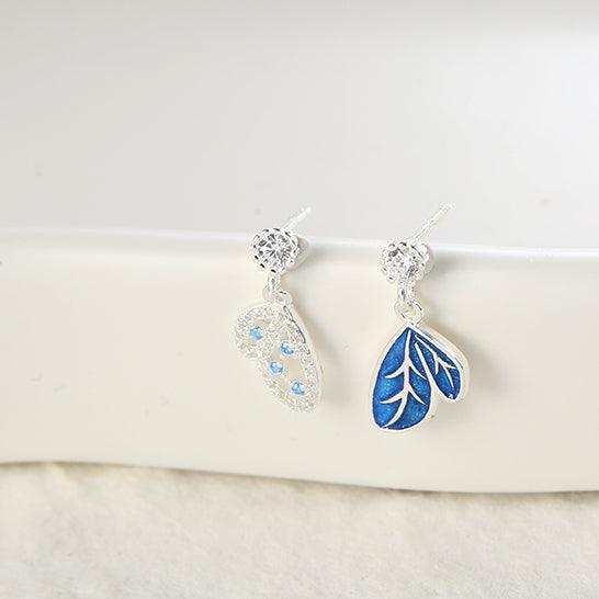 Silver plated blue enamel zircon asymmetrical butterfly drop earrings (5 pairs)