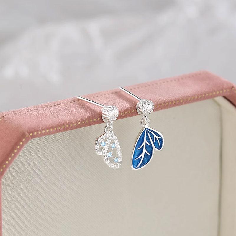 Silver plated blue enamel zircon asymmetrical butterfly drop earrings (5 pairs)