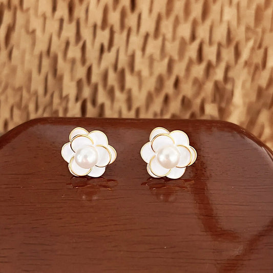 Elegant 14k gold plated white enamel Camellia flower stud earrings (5 pairs)