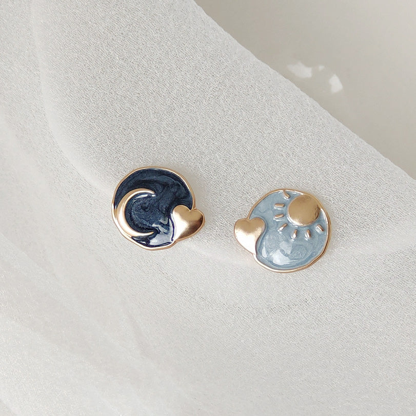 14k gold plated blue enamel asymmetrical sun moon heart stud earrings (5 pairs)