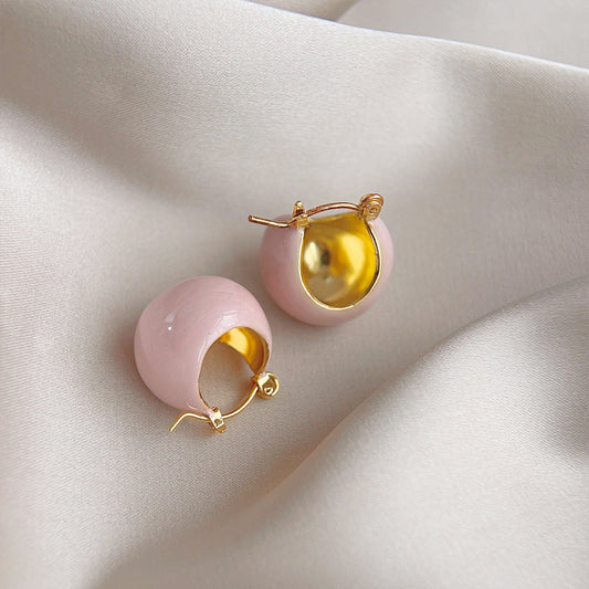 Pink enamel color gold plated bucket hoop stud earrings (5 pairs)