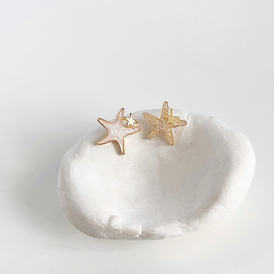 14k gold plated enamel with zircon starfish asymmetrical stud earrings (5 pairs)